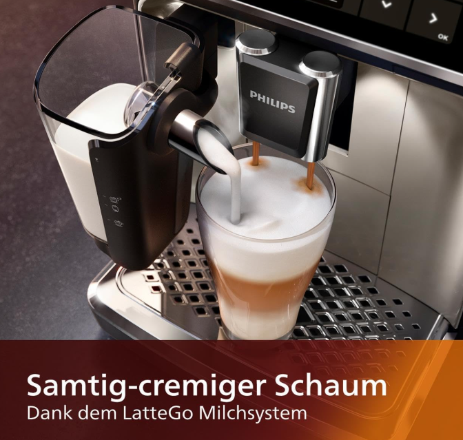 Philips Serie 5400: Kaffeevollautomat mit LatteGo, 12 Spezialitäten, 4 Profile, Display, Chrom (EP5447/90)