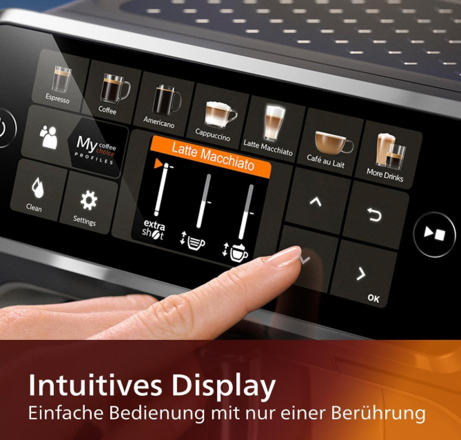 Philips Serie 5400: Kaffeevollautomat mit LatteGo, 12 Spezialitäten, 4 Profile, Display, Chrom (EP5447/90)